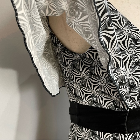 My Michelle Fit and Flair Midi Dress Size M Black with White Print Waist Sash - Picture 7 of 12